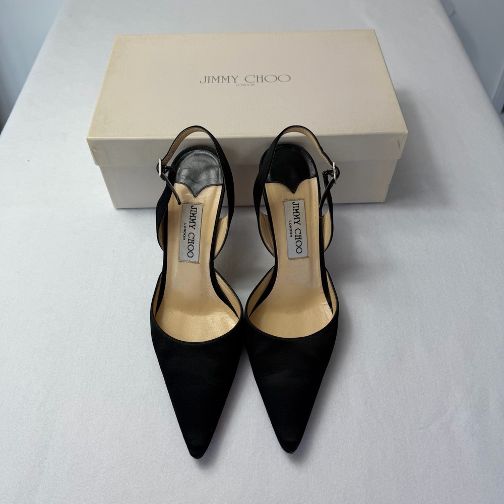 Jimmy Choo Syria Slingback Heels Black Satin Pointed Toe 37 85mm Classic - Picture 7 of 14